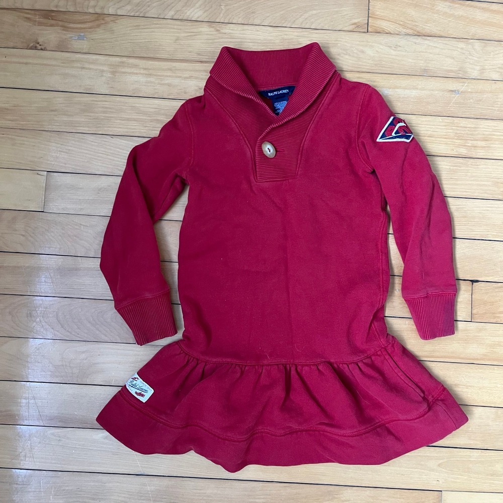 Ralph Lauren Girls Red Shawl Collar Ruffle Sweatshirt Dress Ski Wear Size 6